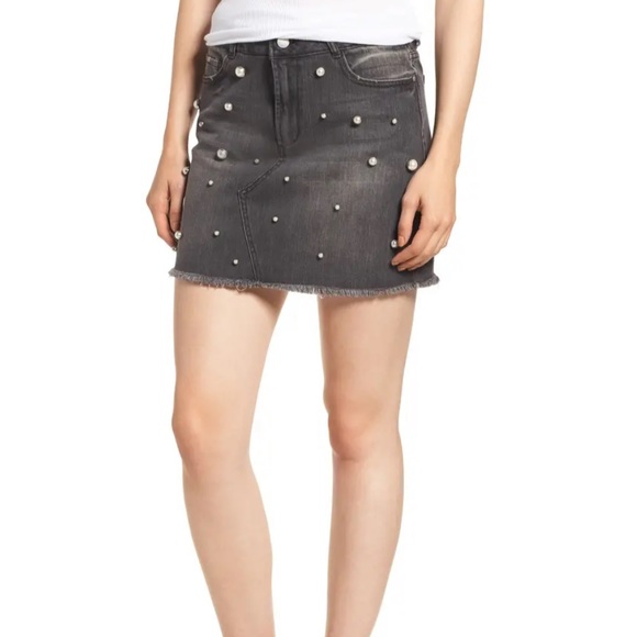 TINSEL Imitation Pearl Embellished Denim Skirt - Picture 2 of 11